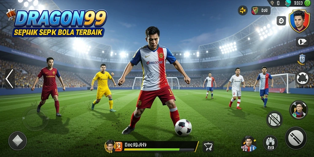 Tampilan gameplay <strong>DRAGON99</strong> yang seru dan interaktif di lapangan sepak bola.