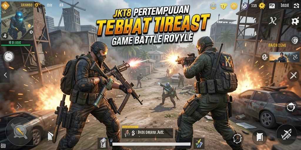 Screenshot utama JKT8 menampilkan aksi pertempuran yang intens di medan perang.